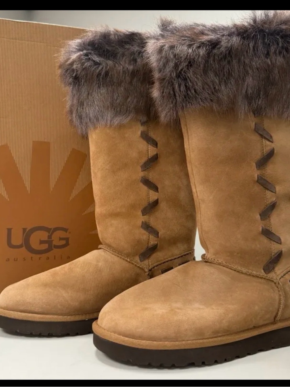 UGG Women's Tan Suede Mid-Calf Boots with Dark Brown Fur Cuff